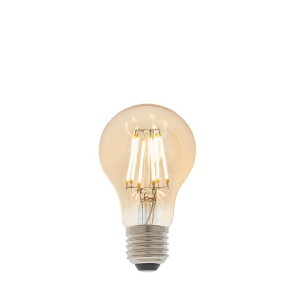 ELG e27 gls led light bulb, tinted amber glass, 6w, dimmable on a white background lit.