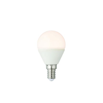 Lit view of the SL E14 led golf ball, frosted, warm white, 5.8w, dimmable, on a white background.
