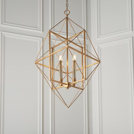 Zoomed in upward view of the bottom half of the Nare Chandelier, 57.5cm, with gold lantern frame and 4 lights.