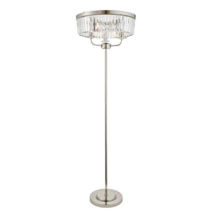 Polished nickel floor lamp with three crystal cut glass shades and crystal strands on white background, illuminated.