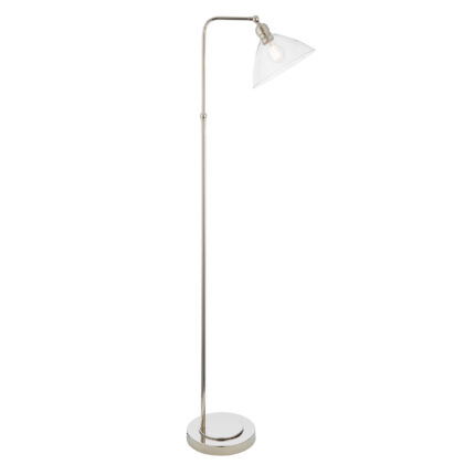 Full-length floor lamp with polished nickel frame and clear glass shade illuminated on white background.
