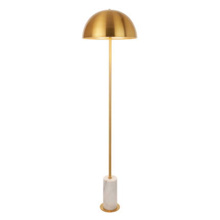 Illuminated Charan floor lamp with brass dome shade and white marble base on white background showing downward light.