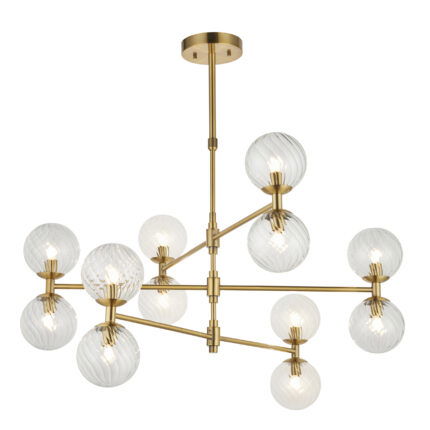 Illuminated brass pendant light with 12 glowing clear glass twisted shades on white background, 83cm diameter.
