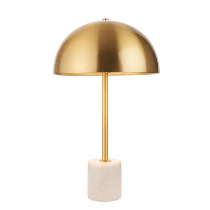 Front view of table lamp with brass dome shade and cylindrical white marble base on white background.