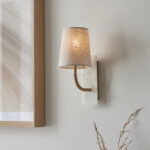 Adara Wall Lamp, Curved Arm, Brass, Marble, Tapered Lampshade