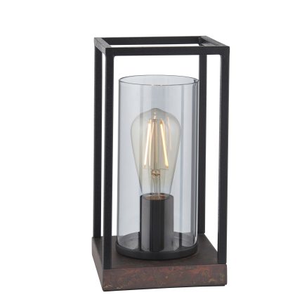 The Habeo Table Lamp, black frame, bronze base, glass, against a white background.