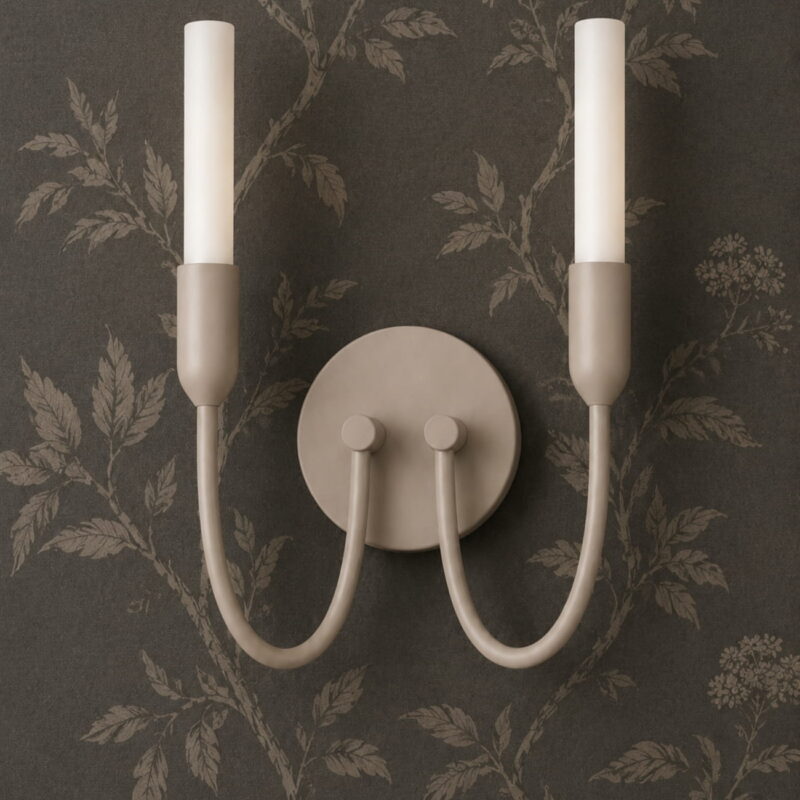 argust taupe wall light, 2 lamp, steel, white glass shades, 21cm wide