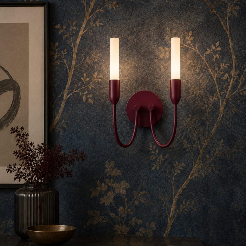 argust burgundy wall lamp, 2 light, steel, white glass shades, 21cm wide