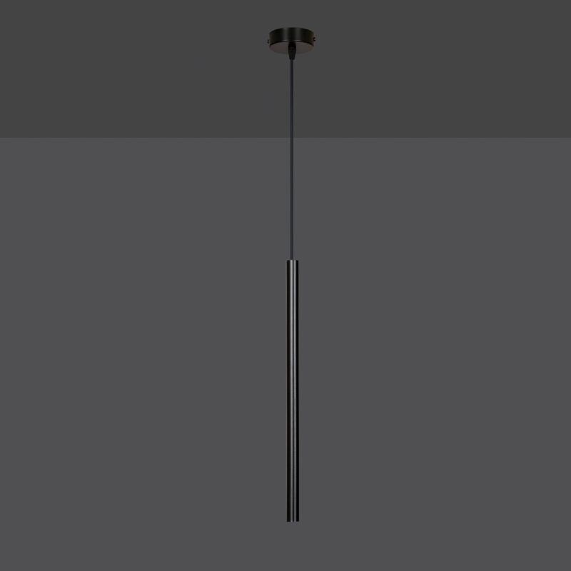 View of a one light black pendant lamp with cylinder shaped tube shade shown with light bulb off. 