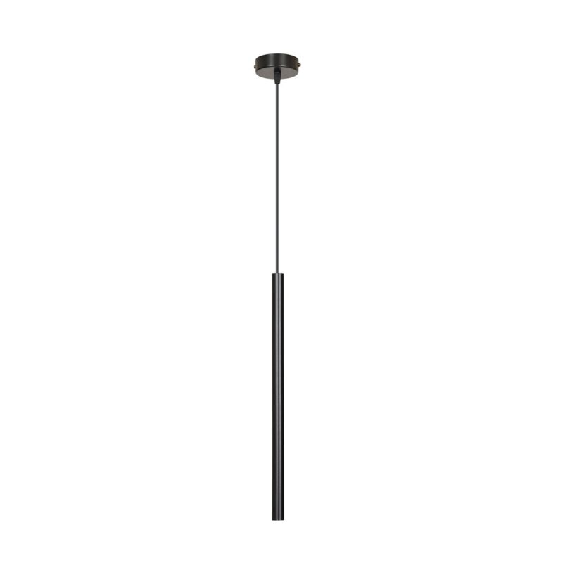 Single black pendant light with tune shaped cylinder shade against a white background. 