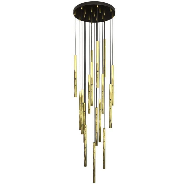 Kelthorn pendant light with black ceiling mount and 17 gold tubes.
