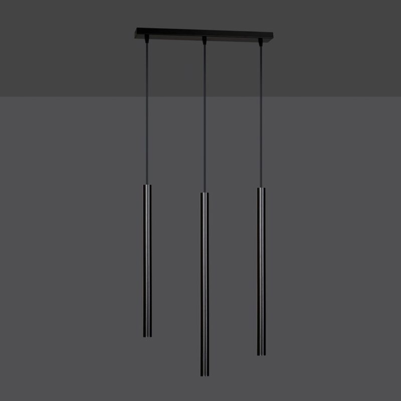 Unlit view of a black three light pendant light.
