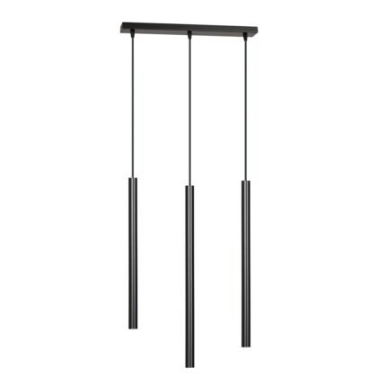 View of a three light bar pendant lamp with thee cylinder tube shaped shades against a white background.