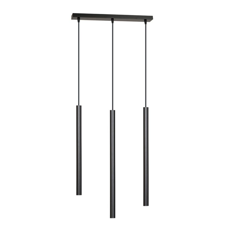 View of a three light bar pendant lamp with thee cylinder tube shaped shades against a white background.