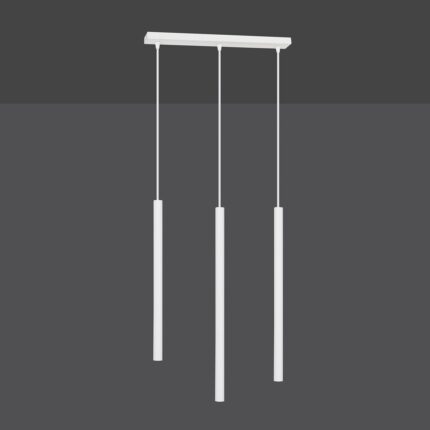 Full view of a three light tube shaped pendant light on a dark grey background. 