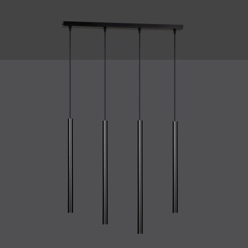 Unlit view of a four light black pendant light with cylinder tube shaped shades.
