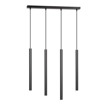 Linear four light black pendant lamp with tube shaped shades on a white background. 