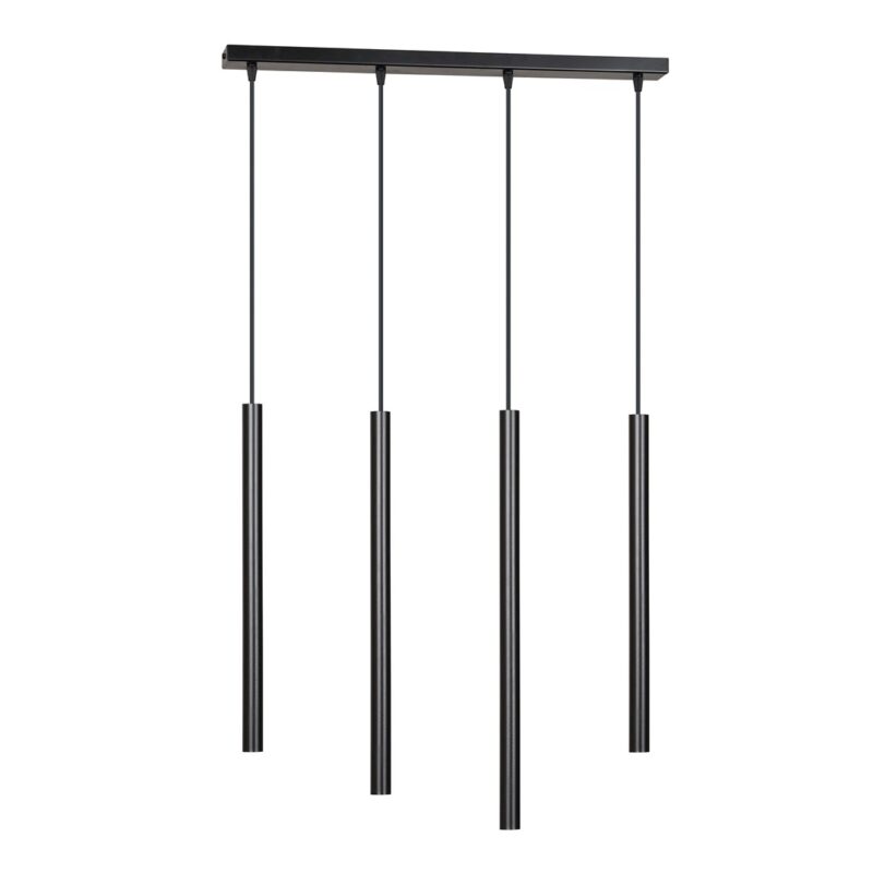 Linear four light black pendant lamp with tube shaped shades on a white background. 