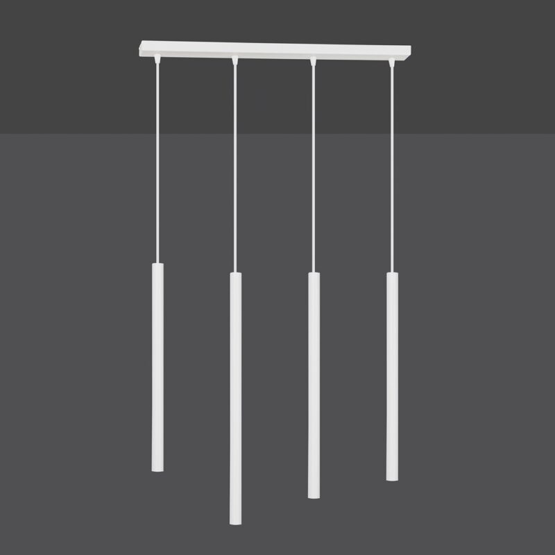 Front facing view of a white four bar pendant light on a dark background. 