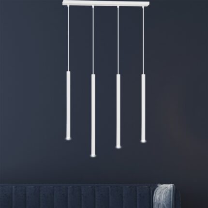 Four light white pendant lamp with cylinder shaped tubes on a dark background. 