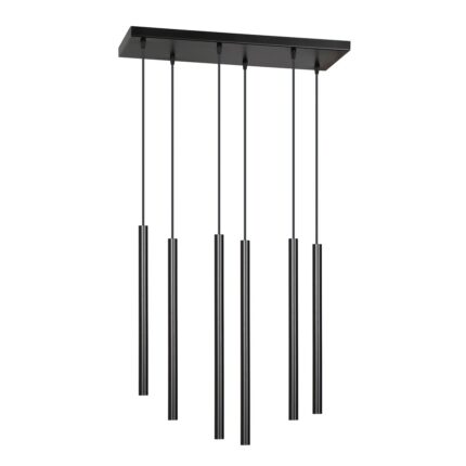 White background view of a black pendant light with six tube shaped cylinder shades.