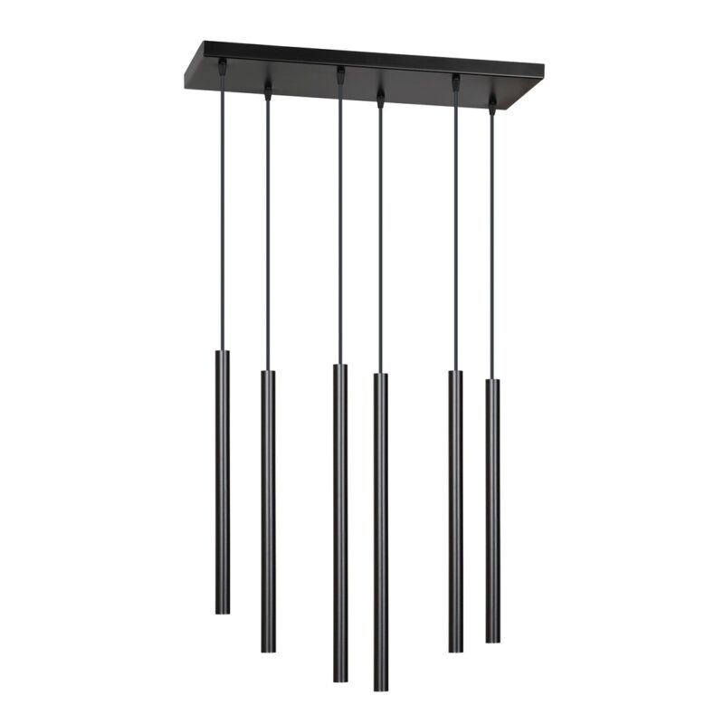 White background view of a black pendant light with six tube shaped cylinder shades.