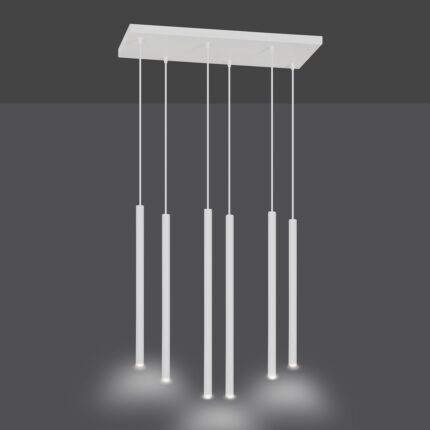 View of a lit six light white pendant lamp with rectangle canopy and cylinder steel shaped tube shades.