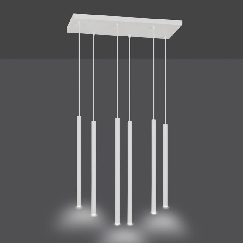 View of a lit six light white pendant lamp with rectangle canopy and cylinder steel shaped tube shades.