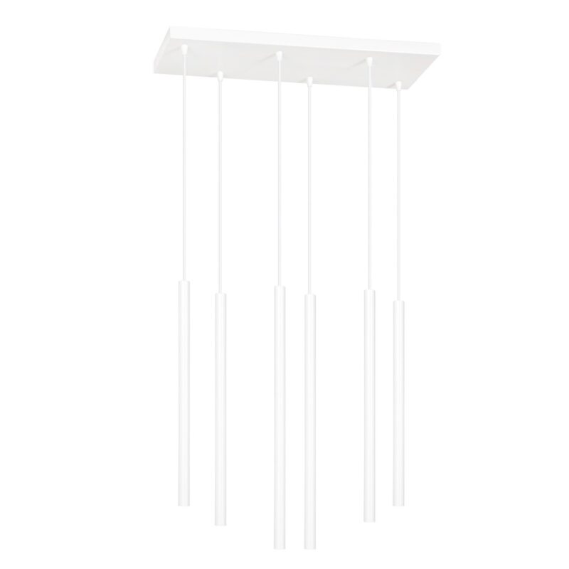 Six light pendant light with tube shaped shades shown on a white background. 