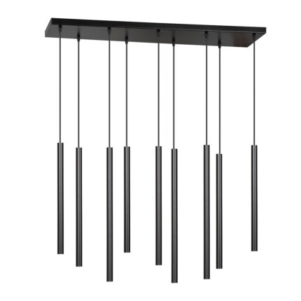 Nine light black pendant lamp on a white background.