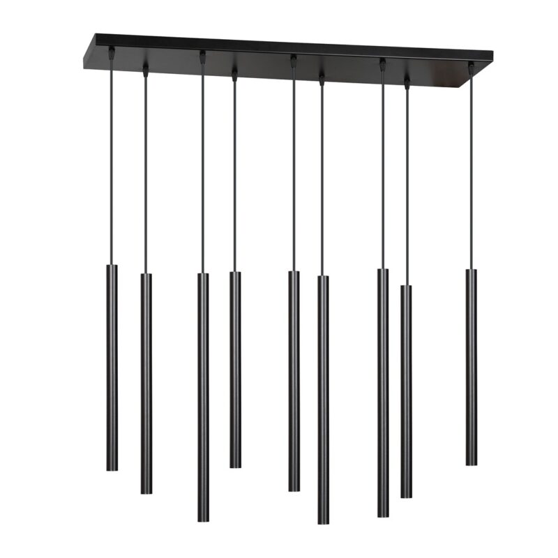 Nine light black pendant lamp on a white background.