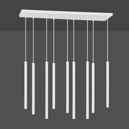 Unlit view of a linear 9 light pendant lamp with long cylinder tube shaped shades. 