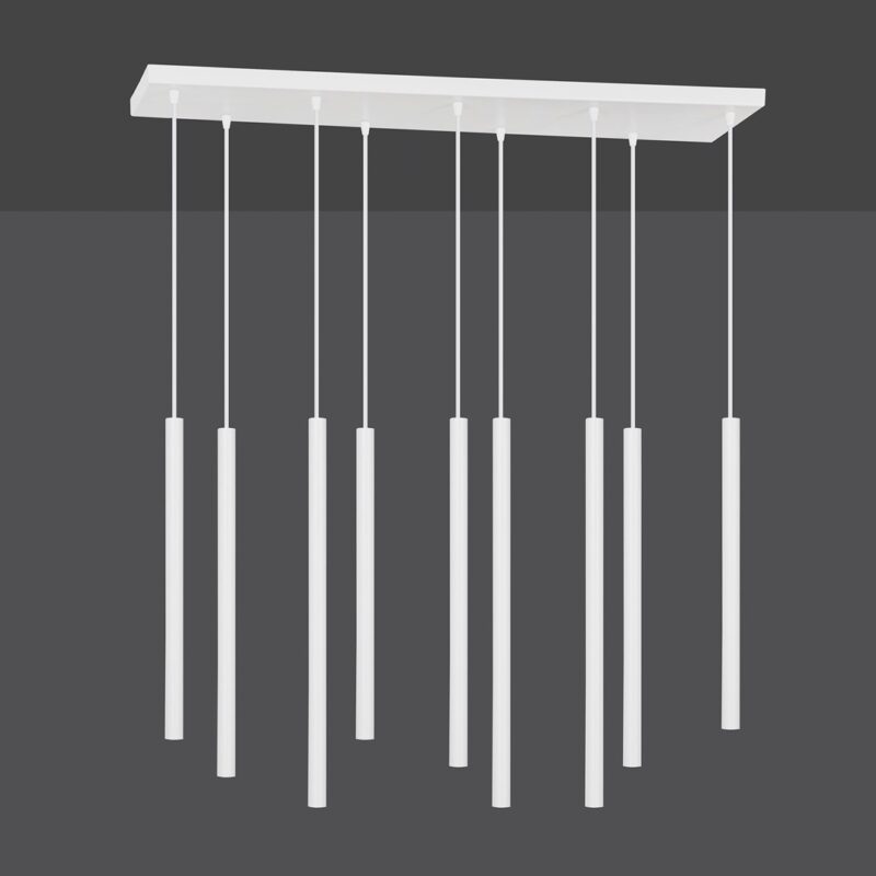 Unlit view of a linear 9 light pendant lamp with long cylinder tube shaped shades. 
