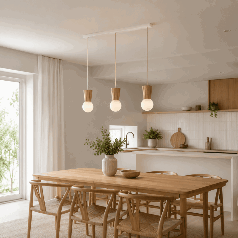 foltant 3 lamp pendant light, light wood, opal glass shades, 90cm length