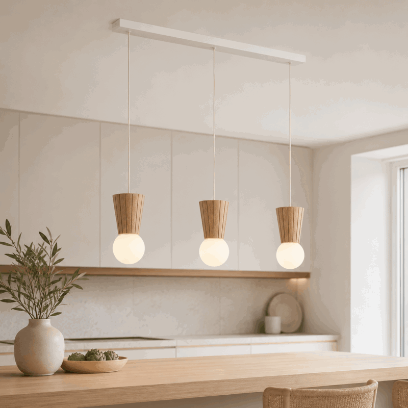 foltant 3 lamp pendant light, light wood, opal glass shades, 90cm length