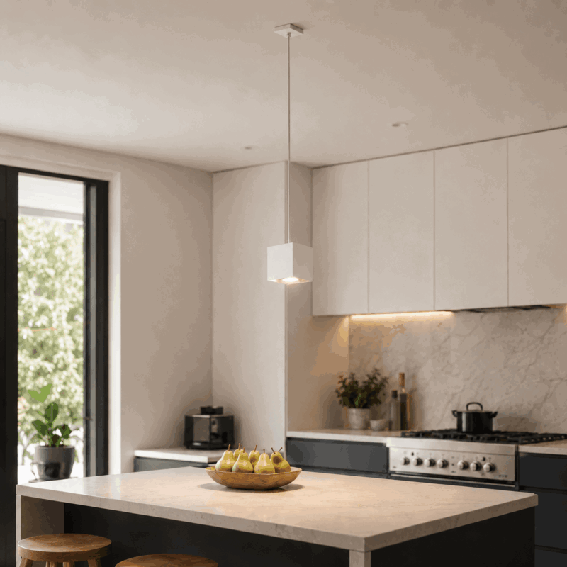 kwad single cube pendant light, white metal, 10cm wide