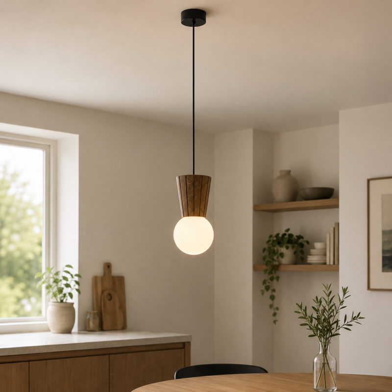 foltant single pendant light, dark wood, opal glass shade, 12cm wide