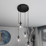 Kosmos Pendant Light, 4 Lamp, Multi Drop, Black, Clear Glass, 40cm