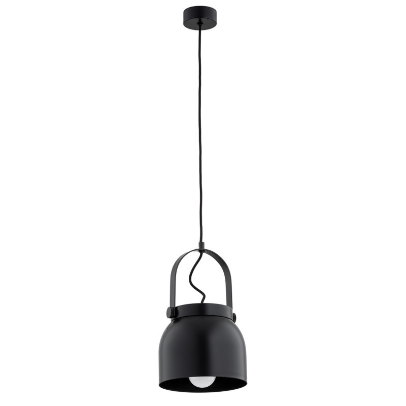 Black pendant light showing downward light output and bottom shade view.