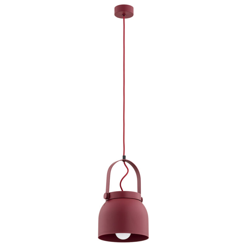 Red pendant light showing downward light output and bottom shade view.