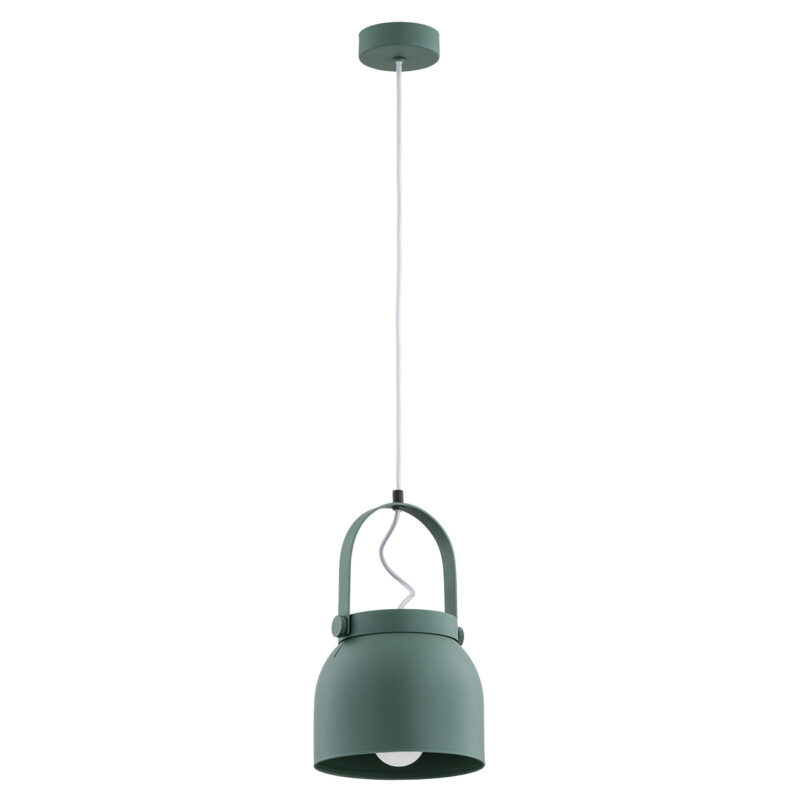 Lagano green pendant light side angle showing steel construction and mounting.