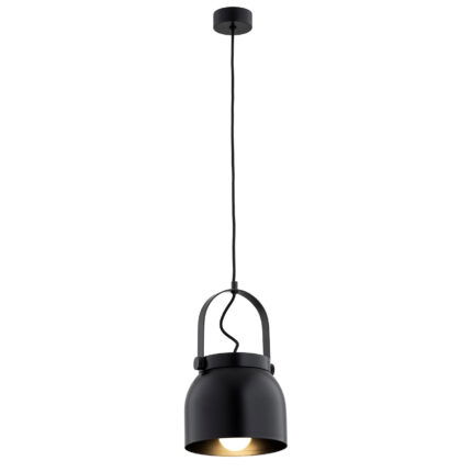 Black bell-shaped pendant light with fabric cord and decorative filament bulb.