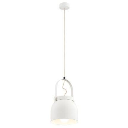 Cream white bell-shaped pendant light with fabric cord and decorative filament bulb.