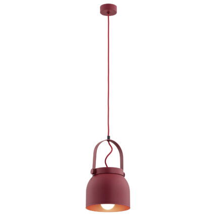 Red bell-shaped pendant light with fabric cord and decorative filament bulb.