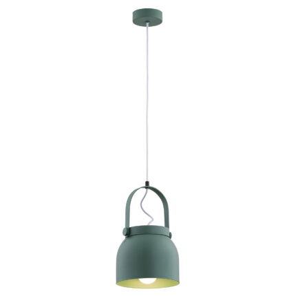 Lagano green pendant light with bell shade and steel construction.