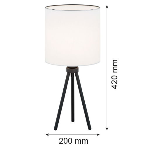 Laryi tripod table lamp side view showing three black steel legs and white cylindrical shade.