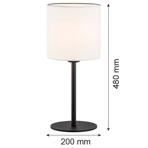 Laryi table lamp side view showing black cylindrical base profile and white shade construction.