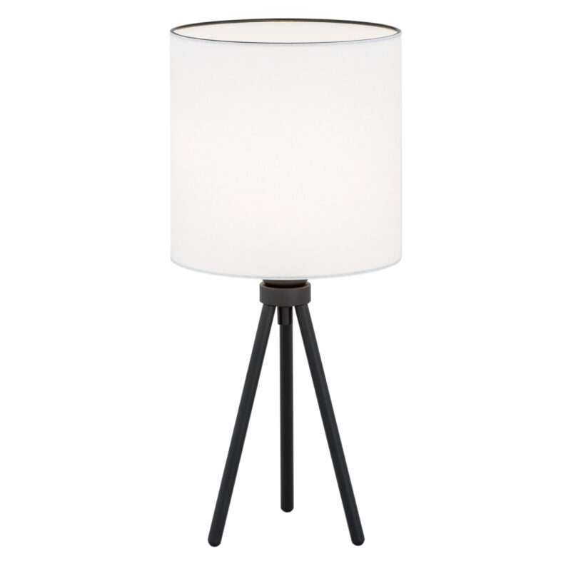 Laryi tripod table lamp with three black steel legs and white fabric shade standing 42cm high.