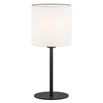 Laryi table lamp with black cylindrical steel base and white fabric shade on wooden surface.