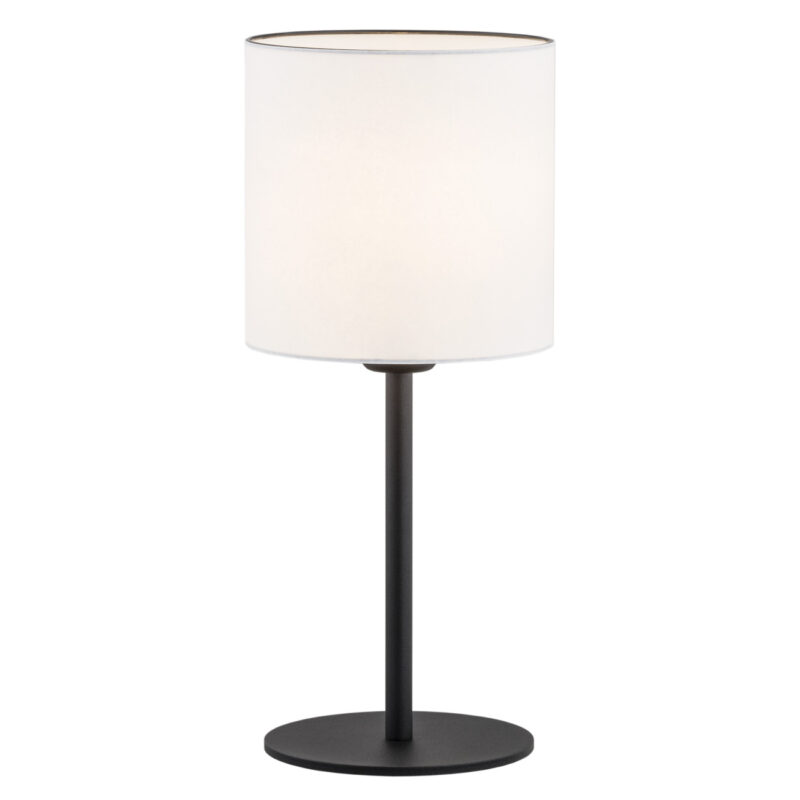 Laryi table lamp with black cylindrical steel base and white fabric shade on wooden surface.
